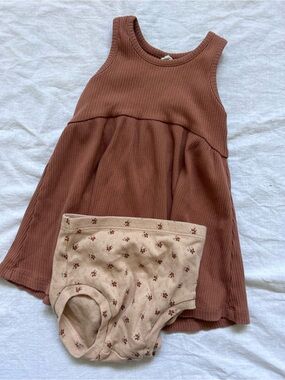 Quincy Mae Ribbed Tank Dress & Floral Bloomers - Rust and Cream